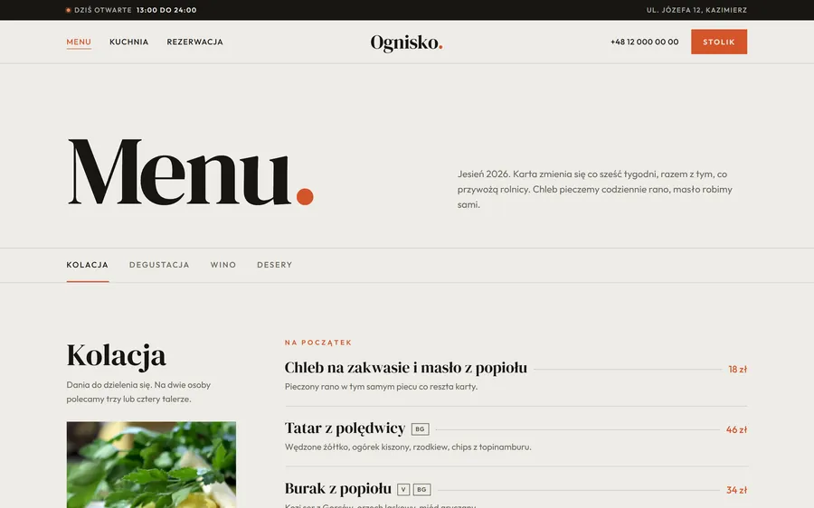 Ognisko: Menu