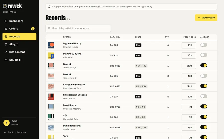 Rowek: Shop panel